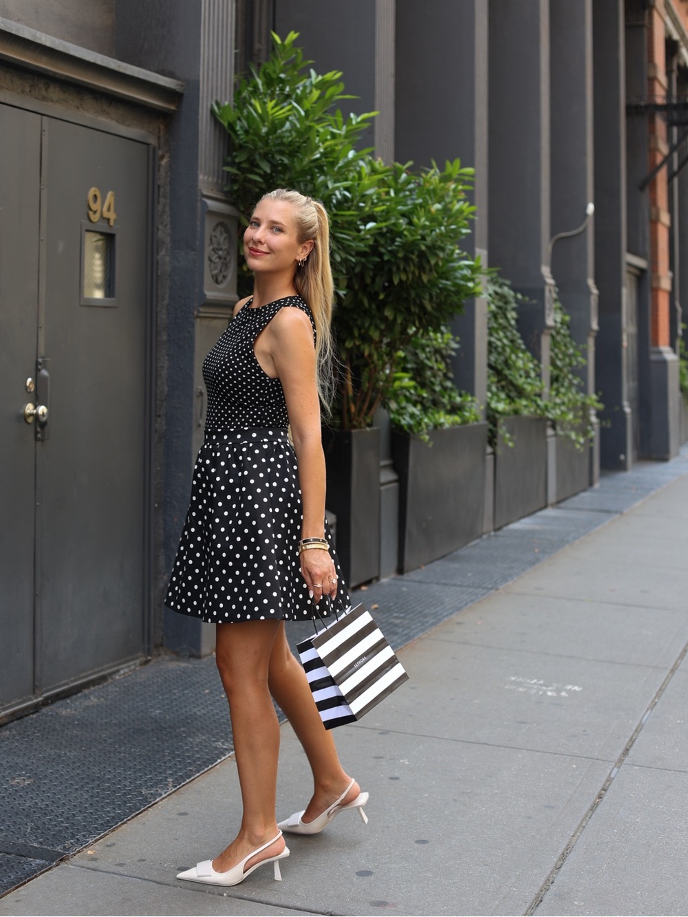 Alice + Olivia Black Chara White Polka Dot Sleeveless Dress
